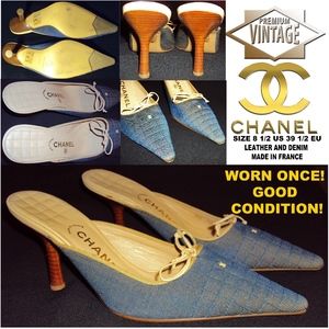 CHANEL VINTAGE LEATHER DENIM MADE IN FRANCE HEELS